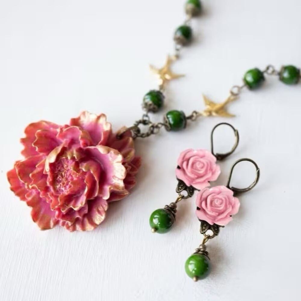 Shabby Chic Peony Bird Flower Necklace Earrings VTG Cottagecore Artisan French - Picture 3 of 9
